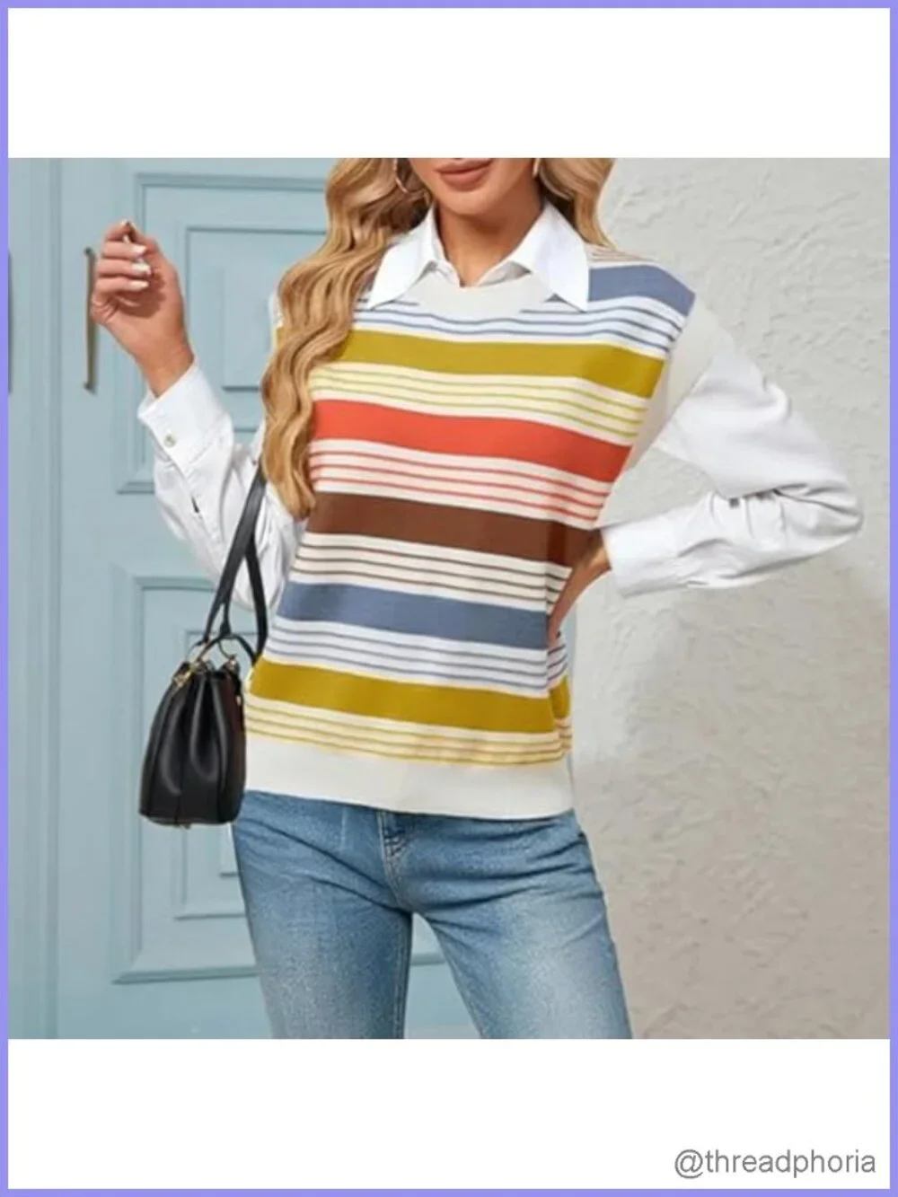 Womens Knit Sweater Vest Crew Neck Cap Sleeve Striped Loose Casual Pullover